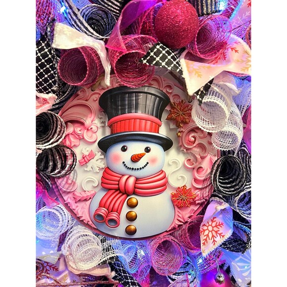 Handmade Bright Top Hat Snowman Holiday Ribbon Door Wreath 22 ins W68 Pink Black - Picture 4 of 12